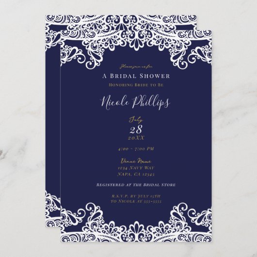 Navy Blue & White Lace Elegantes Brautparty Einladung (Vorne/Hinten)