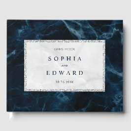 Navy Blue White Marble Wedding Gästebuch