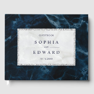 Navy Blue White Marble Wedding Gästebuch