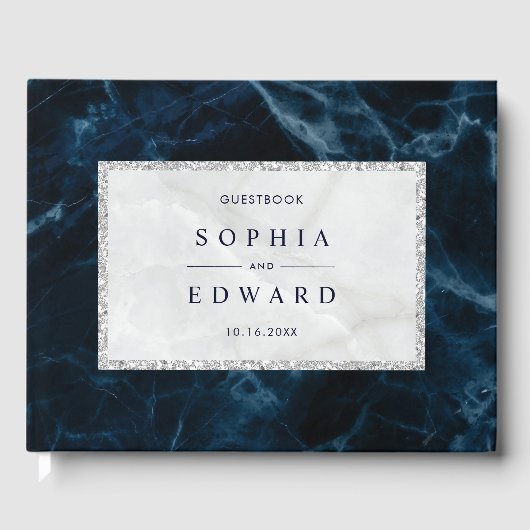 Navy Blue White Marble Wedding Gästebuch (Vorderseite)