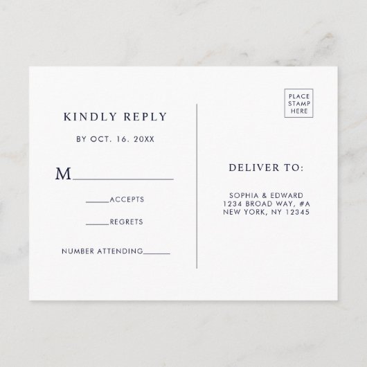 Navy Blue White Marble Wedding RSVP Einladungspostkarte (Rückseite)