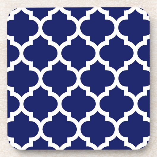 Navy Blue White marokkanische Quatrefolienmuster # Getränkeuntersetzer (Vorderseite)
