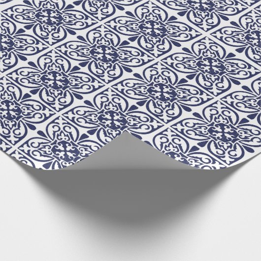 Navy Blue White marokkanische Trellis Boho Tile Mu Geschenkpapier (Ecke)