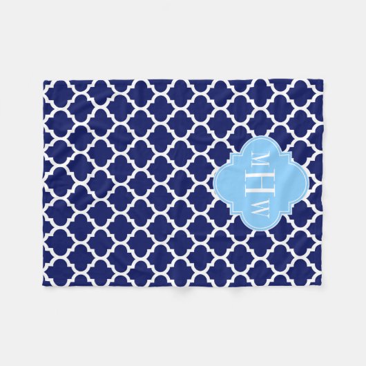 Navy Blue White Marokko #5 Sky Blue Name Monogram Fleecedecke (Vorderseite (Horizontal))