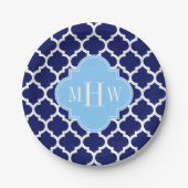 Navy Blue White Marokko #5 Sky Blue Name Monogram Pappteller (Vorderseite)