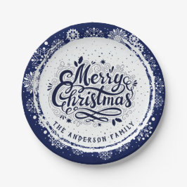 Navy Blue & White Minimal Elegant Frohe Weihnachte Pappteller