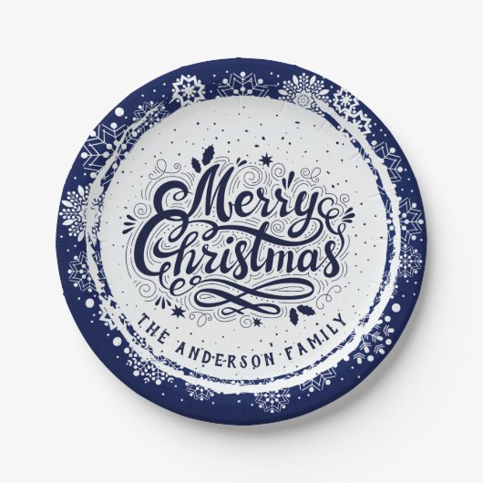 Navy Blue & White Minimal Elegant Frohe Weihnachte Pappteller (Vorderseite)