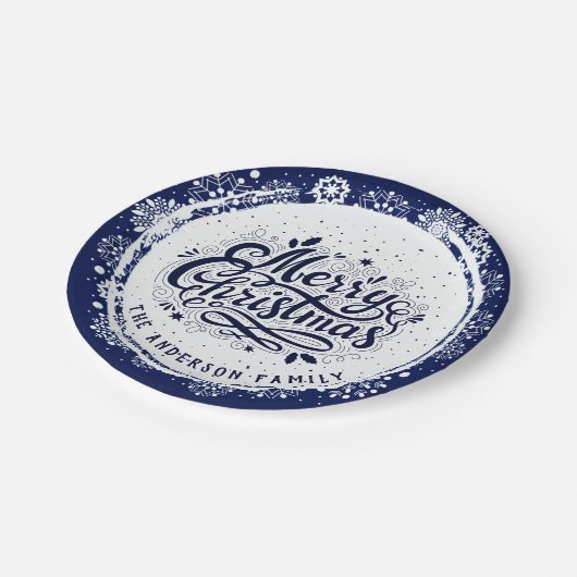 Navy Blue & White Minimal Elegant Frohe Weihnachte Pappteller (Schrägansicht)