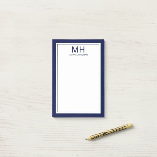 Navy Blue White Mit Monogramm Men Post-it Klebezettel (Auf Schreibtisch)