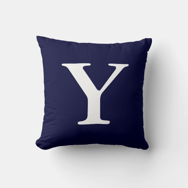 Navy Blue White Mit Monogramm Y Throw Pillow Kissen (Vorderseite)
