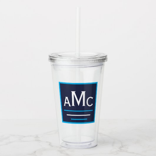 Navy Blue & White Monogram Acryl Tumbler Acryltrinkbecher (Vorderseite)