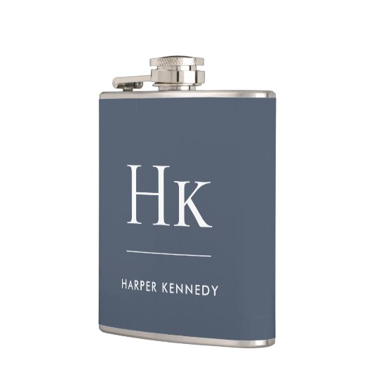 Navy Blue White Monogram Elegant Personalized Flachmann (Links)