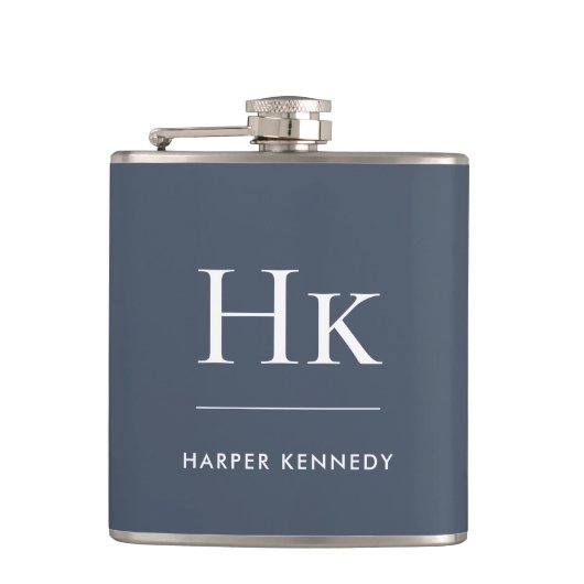 Navy Blue White Monogram Elegant Personalized Flachmann (Vorderseite)