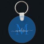 Navy Blue White Monogram Name Modern Girl Script Schlüsselanhänger<br><div class="desc">Einfache Navy White Monogram Eleganter Moderner Girly Script Schlüsselanhänger</div>