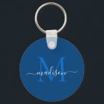Navy Blue White Monogram Name Modern Girl Script Schlüsselanhänger<br><div class="desc">Einfache Navy White Monogram Eleganter Moderner Girly Script Schlüsselanhänger</div>