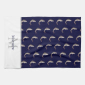 Navy Blue White Monogram Trommelmuster Geschirrtuch (Horizontal)
