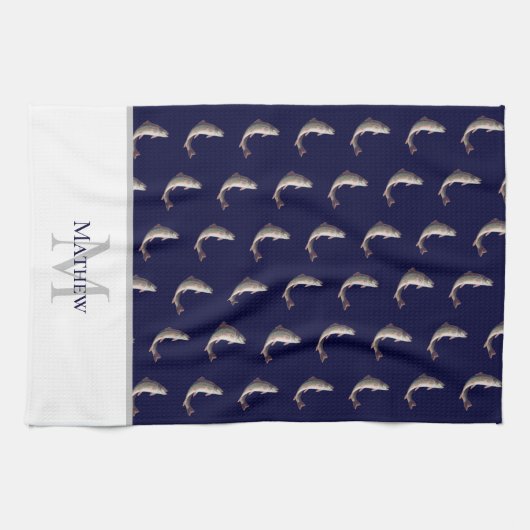 Navy Blue White Monogram Trommelmuster Geschirrtuch (Horizontal)