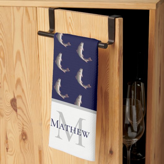 Navy Blue White Monogram Trommelmuster Geschirrtuch (Drittel gefaltet)