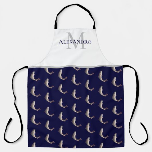 Navy Blue White Monogram Trout Patterns Schürze (Vorderseite)