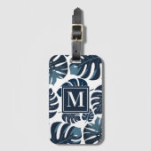 Navy Blue & White Monstera Leaf Monogram Gepäckanhänger (Vorderseite Vertikal)