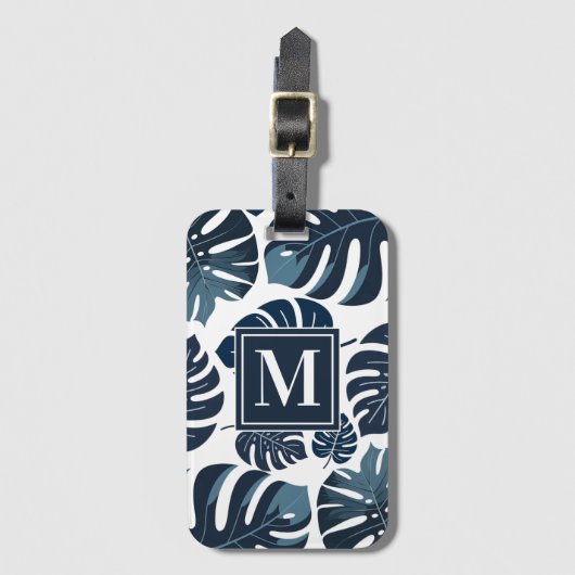 Navy Blue & White Monstera Leaf Monogram Gepäckanhänger (Vorderseite Vertikal)