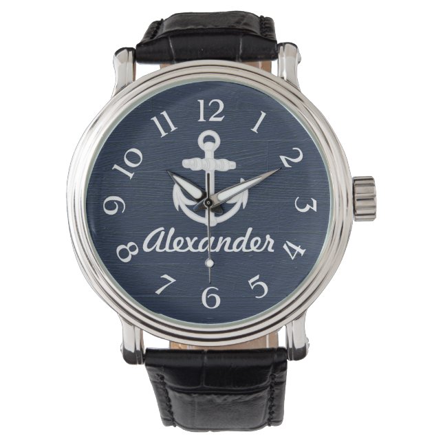 Navy Blue/White Nautical Anchor Custom Watch Armbanduhr (Vorderseite)