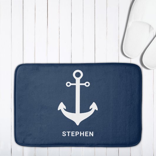 Navy Blue White Nautical Anchor Personalisiert Badematte