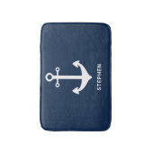 Navy Blue White Nautical Anchor Personalisiert Badematte (Vorderseite Vertikal)