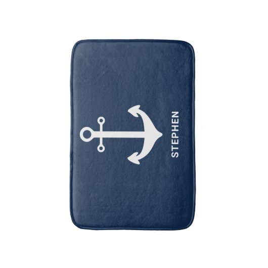 Navy Blue White Nautical Anchor Personalisiert Badematte (Vorderseite Vertikal)