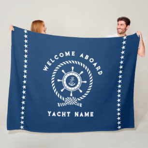 Navy Blue White Nautical Boat Wheel Knot Stars Fleecedecke