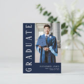 Navy Blue White One Foto Abschluss Einladungspostkarte (Stehend Vorderseite)