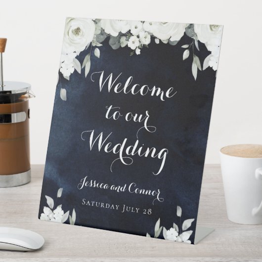 Navy Blue White Peony Willkommen bei unserer Hochz Sockelschild (In Situ)