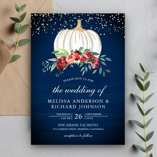Navy Blue White Pumpkin Burgundy Floral Wedding Einladung