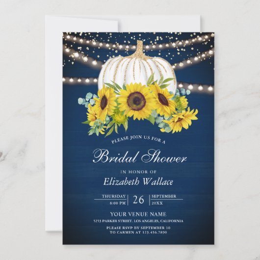 Navy Blue White Pumpkin Sonnenblumen Brautparty Einladung (Vorderseite)