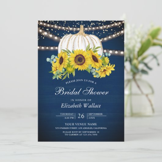 Navy Blue White Pumpkin Sonnenblumen Brautparty Einladung (Stehend Vorderseite)