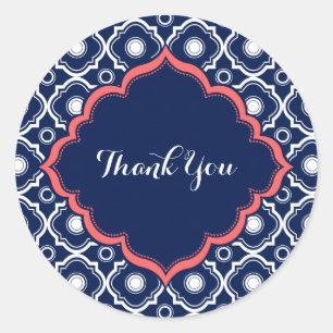 Navy Blue & White Quatrefoil Pattern Runder Aufkleber