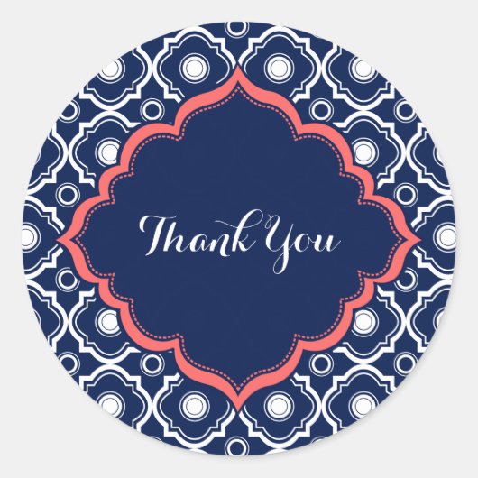 Navy Blue & White Quatrefoil Pattern Runder Aufkleber (Vorderseite)