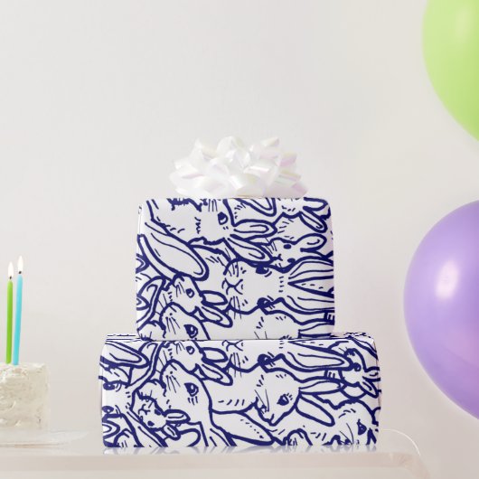 Navy Blue White Rabbit Bunny Large Pattern  Geschenkpapier (Partygeschenke)