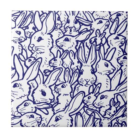 Navy Blue White Rabbit Bunny Zeichnend Niedlich ei Fliese (Vorderseite)