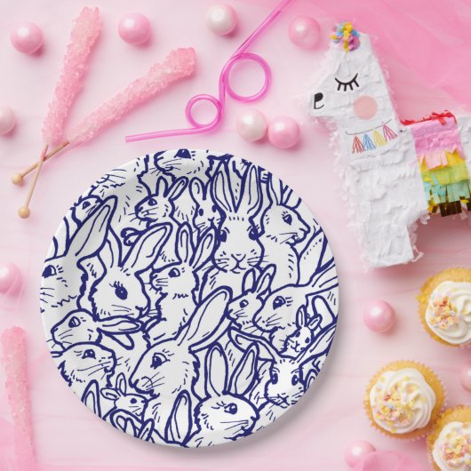 Navy Blue White Rabbit Bunny Zeichnend Niedlich ei Pappteller (Party)