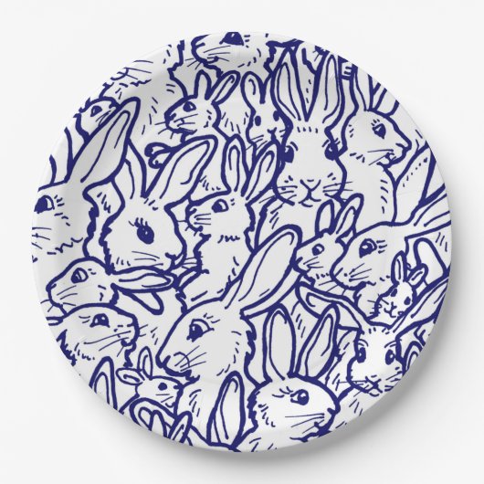 Navy Blue White Rabbit Bunny Zeichnend Niedlich ei Pappteller (Vorderseite)