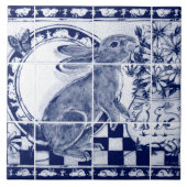 Navy Blue White Rabbit Dedham Pottery Delft Mural Fliese (Vorderseite)