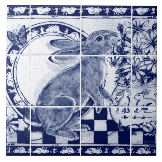 Navy Blue White Rabbit Dedham Pottery Delft Mural Fliese (Vorderseite)