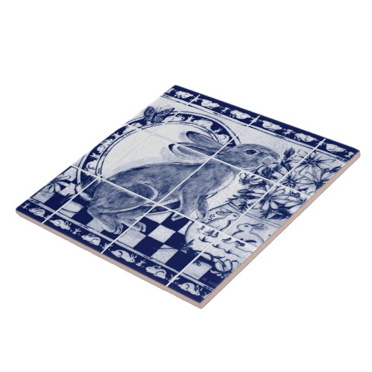 Navy Blue White Rabbit Dedham Pottery Delft Mural Fliese (Seite)