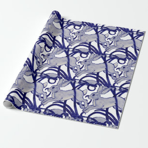 Navy Blue White Rabbit Hare Bunny Art Deco Scroll Geschenkpapier