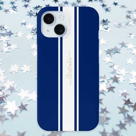 Navy Blue White Racing Stripes Gold Mit Monogramm Case-Mate iPhone Hülle