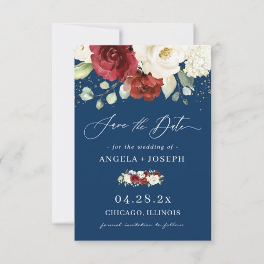 Navy Blue White Rose Floral Trendy Wedding Save The Date (Vorderseite)