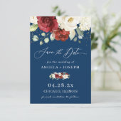 Navy Blue White Rose Floral Trendy Wedding Save The Date (Stehend Vorderseite)
