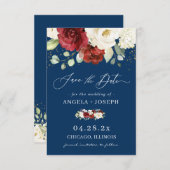Navy Blue White Rose Floral Trendy Wedding Save The Date (Vorne/Hinten)