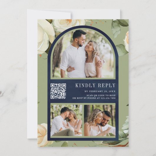 Navy Blue White Roses Mason Jar QR Code Hochzeit Einladung (Rückseite)